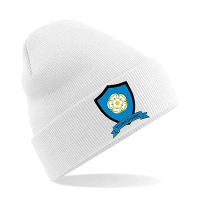 Image of Yorkshire County Mens Embroidered Beanie Hat, Bob Hat Cricket Sport Your Embroidery (White)