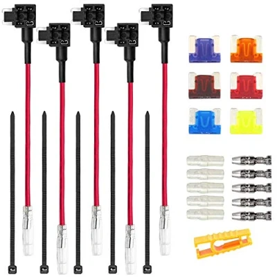 Image of Aiqeer 5 Pieces 12V / 24V Low Profile Add a Circuit Fuse Taps, Car Piggy Back Holder with Wire Harness, Free 6 Micro Blade Fuses and Puller (Butt Terminal)