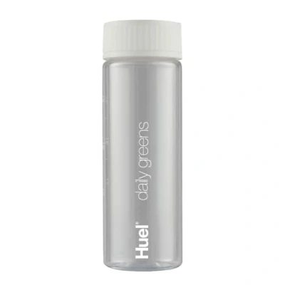 Image of Huel Daily Greens Bottle BPA Free Clear with a White Lid Fill line guide for perfect Measurements Dishwasher Friendly 13.5oz