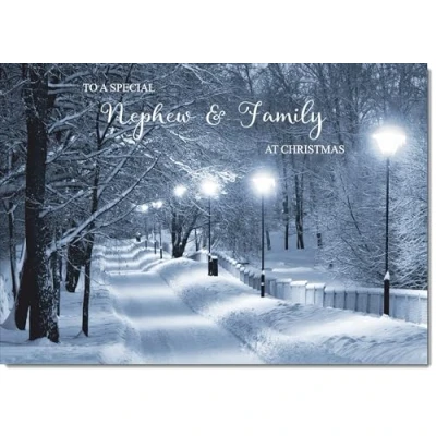 Image of doodlecards Nephew and Family Christmas Card Snowy Street Scene Medium Size for &amp; with Plain Envelope