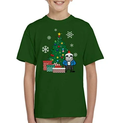 Image of Cloud City 7 Sans Around The Christmas Tree Undertale Kid&#039;s T Shirt Bottle Green