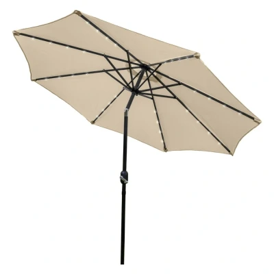 Image of LED Tilt Parasol 2.7m Beige Umbrella Garden Sun Shade Canopy Patio Outdoor 360 Rotation UV Protection Winding Crank Adjustable 32 Solar Power Cool White Lights 5.5kg FREE Waterproof Rain Cover