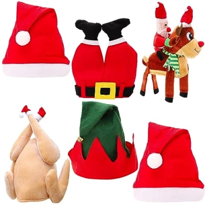 Image of Toyland® Pack of 6 Novelty Christmas Hat Festive Bundle 2 x Santa, 1 Santa Legs, Elf, Reindeer &amp; Turkey Fancy Dress Headwear Work Parties