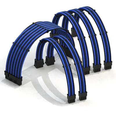Image of LINKUP AVA 50cm PSU Cable Extension Sleeved Custom Mod GPU PC Braided w/Comb Kit Compatible with RTX3090┃1 x 24 P (20+4)┃2 8 (4+4) CPU┃3 (6+2) set┃500mm BlueBlack