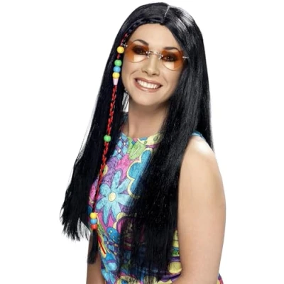 Image of Smiffys Hippy Party Wig, Black Long with Coloured Beads, 1960&#039;s Groovy Fancy Dress, Adult Dress Up Wigs