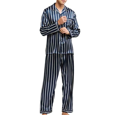 Image of Men’s Sleepwear Satin Pyjama Set Nightwear Loungewear (Blue and Beige Striped, Medium)