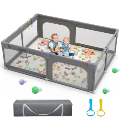 Image of Palopalo Extra Large Baby Playpen 180x150cm, Sturdy Safety Playard for Babies and Toddlers, Activity Center with 8 Suction Cup Bases Soft Breathable Mesh, Infants Play Pen Gate, Gray