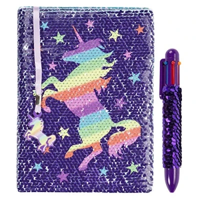 Image of Fringoo® Reversible Sequin Diary with Multipoint Rainbow Pen for Girls Boys A5 Notebook Bookmark Glitter School Unicorn Notepad 80 Pages (Rainbow Unicorn)