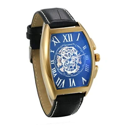 Image of JewelryWe Mens Watches Automatic Mechanical Watch Roman Number Skull Square Dial Leather Wrist