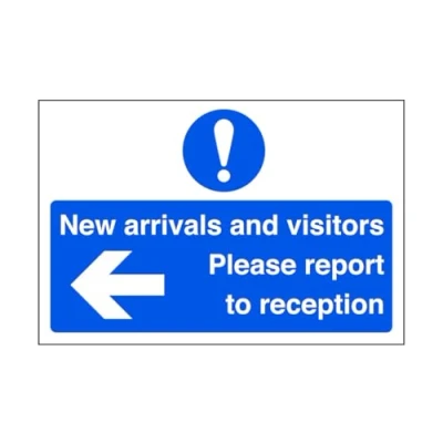 Image of All visitors please report to reception on arrival &quot;arrow left&quot; safety sign High tack self adhesive sticker (300mm x 200mm) Viewing Distance within 7m.