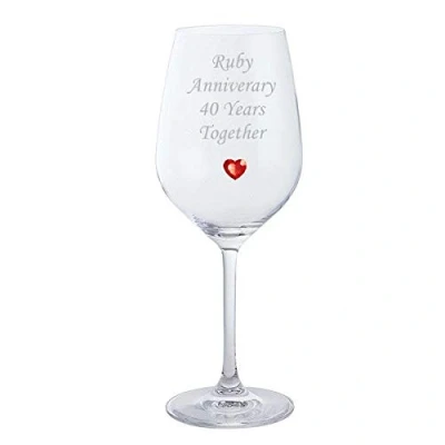 Image of Chichi Gifts Ruby Anniversary 40 Years Together Pair of Dartington Crystal Wine Glasses with Red Heart Gem