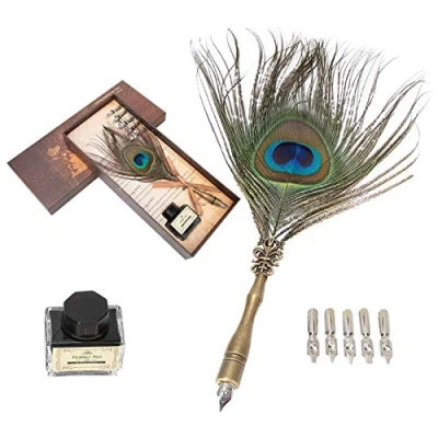 Image of HEEPDD Feather Pen, Antique Peacock Dip Pen Set Calligraphy Writing Quill with 5 Extra Nibs Empty Ink Bottle Gift Box