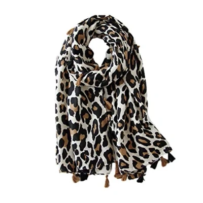 Image of Women Soft Long Neck Scarf Ladies Fashion Leopard Animal Pattern Shawl Evening Party Stylish Accessories with Tassel(Style B/Beige)