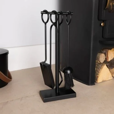 Image of CHARLES BENTLEY Companion Set, Snug, Conifer, Fireside Tongs, Poker, Coal, Shovel, Natural, Coco, Fiber Brush, Iron Tool Stand, Traditional Design, Hooped Handles, 4pc (42x16.5x9cm)