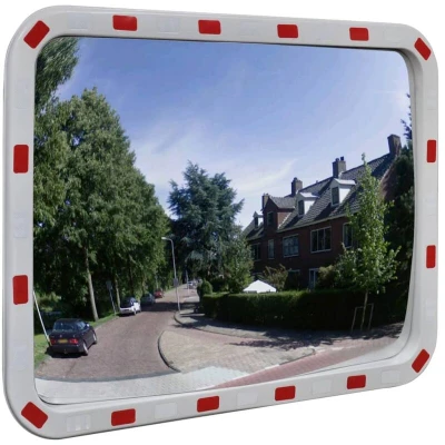 Image of vidaXL Convex Traffic Mirror Rectangle 60x80cm Shatterproof PC Plastic Reflective White/Red Frame Road Safety for Intersections, Narrow Roads, Sharp Curves