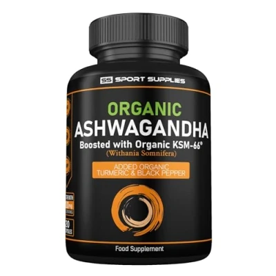 Image of Organic Ashwagandha Capsules 1200mg Boosted with 100mg of KSM 66 5% Withanolides Added Turmeric 200mg and Black Pepper Providing 1500mg Per Serving