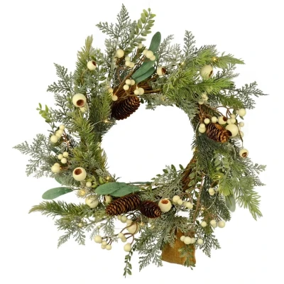 Image of Light Up Christmas Wreath White Berries Pine Cones Woven Rattan Twig Base 55cm