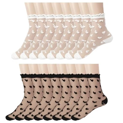 Image of UILYNIU 8 Pairs Thin Transparent Mesh Socks, Ankle Sheer Ruffle See through Casual Sock, (UK, Alpha, One Size, Regular, Black, White)
