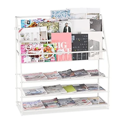 Image of Relaxdays XL Magazine Rack H 96 x D 97 37 cm Metal Standing for Living Room White 1 Piece