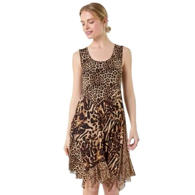 Image of Roman Originals Animal Print Stretch Mesh Dress for Women UK Ladies Everyday Holiday Spring Summer Round Neckline Comfy Soft Evening Vacation Work Party Camel Size 12