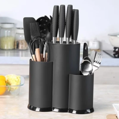 Image of Universal Knife Holder, 3 in 1 Round Kitchen Block Without Knives and Utensil Detachable Holder for Easy Cleaning, Space Saving Storage with Scissors Slot Black