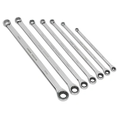 Image of Sealey Premier Double Ring Ratchet/Fixed Spanner Set 7pc Extra Long Metric