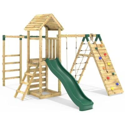 Image of Rebo® Children&#039;s Wooden Climbing Frame with Swings, Slide, Up and Over wall Monkey Bars Carpathian OutdoorToys Sturdy Construction, Pressure Treated Timber