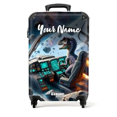 Image of NoBoringSuitcases.com® Children&#039;s Luggage Kids Suitcase for Boys Personalised Lightweight Cabin on Wheels Dinosaur Piloting Spaceship 55x40x20cm Hard Shell Trolley 20&quot; 10kg