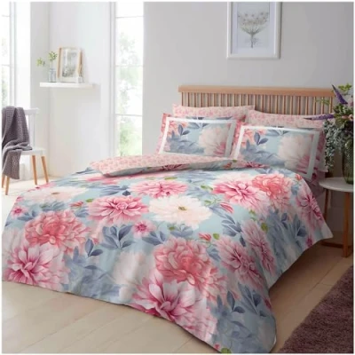 Image of GC GAVENO CAVAILIA Easycare Reversible Botanical Duvet Cover Set, Soft &amp; Cosy Flower Printed Bedding Breathable Leaf Set Double, Blush Pink