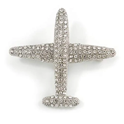 Image of Clear Crystal Aeroplane Brooch in Silver Tone Metal 50mm Across