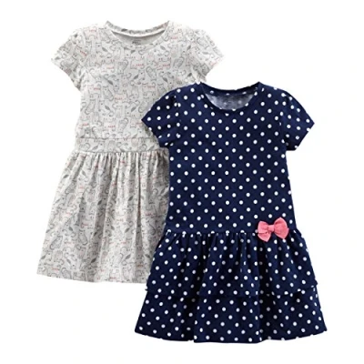 Image of Simple Joys by Carter&#039;s Toddler Girls&#039; Short Sleeve and Sleeveless Dress Sets, Pack of 2, Grey Kitten/Navy Dots, 4 Years