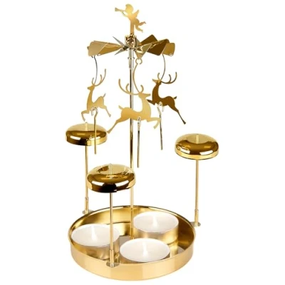 Image of BRUBAKER Metal Chimes Carousel Candle Holder with Reindeer incl. 3 Tealights Rotating Table Pyramid Tealight for Christmas Decoration Gold