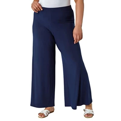 Image of Roman Originals Wide Leg Trousers for Women UK Ladies Palazzo Pants Evening Jersey Elasticated High Waist Smart Flared Culotte Office Work Going Out Loose Crepe Bottoms Plus Navy Size 22