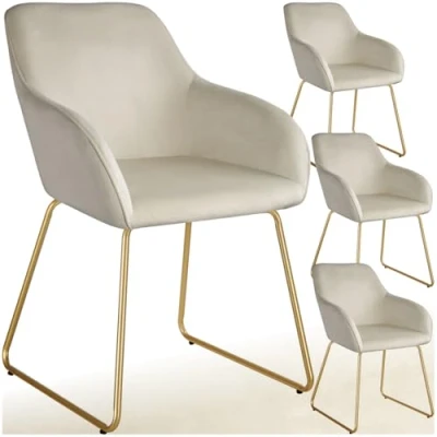 Image of TecTake® Set of 4 Dining Chairs with Soft Velvet Look Covers &amp; Curved Steel Frames, Armchair Plush Padding Ergonomic Backrests, Ideal as Room, Kitchen Desk Chair Cream/Gold