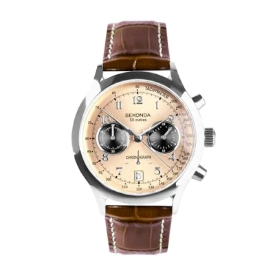 Image of Sekonda Heritage Archer Men&#039;s 40mm Quartz Watch in Rose Gold with Chronograph Display, and Brown Leather Strap 30236