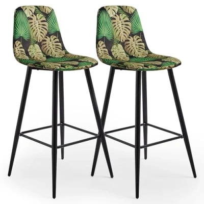 Image of VonHaus Bar Stools Set of 2 Velvet Black Kitchen with Back Rests Tropical Palm Leaf Print Breakfast Modern Upholstered Island Barstools Metal Legs Leighton