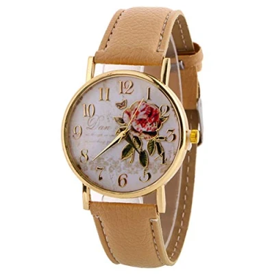 Image of HshDUti Women&#039;s Fashion Rose Flower Printed Round Dial Faux Leather Strap Quartz Analog Wrist Watch Ladies Watches Girls Christmas Birthday Gifts Beige