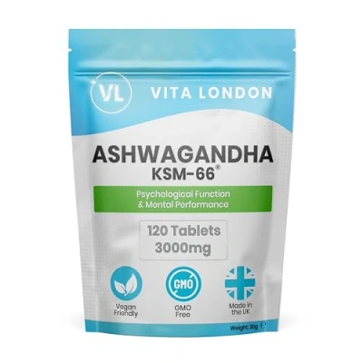 Image of Ashwagandha Organic KSM 66 Tablets 3000mg 2 Month Daily Supply 120 High Strength Supplement Tablet (Not Capsule or Powder) Made in UK Vegan