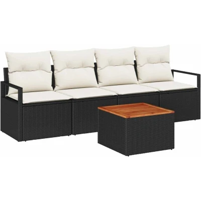 Image of vidaXL 5 Piece Garden Sofa Set with Cushions Black Poly Rattan Acacia