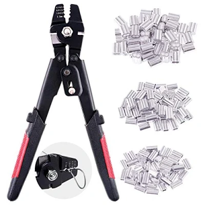 Image of Swpeet Profession Up to 2.2mm Wire Rope Crimping Tool Swager Crimpers Fishing with 150Pcs 3 Size Aluminum Double Barrel Ferrule Loop Sleeve Kit,Black