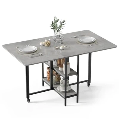 Image of Mondeer Mobile Folding Dining Table, Drop Leaf Table with 2 Open Storage Shelves for Small Spaces Room Kitchen, 140 x 80 75 cm, Grey