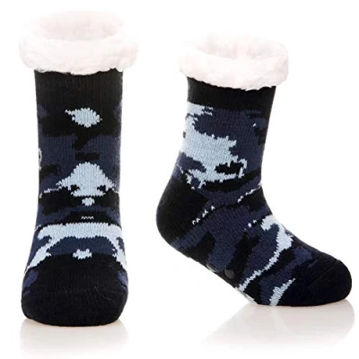 Image of Kids Boys Girls Fuzzy Slipper Socks Soft Warm Thick Fleece lined Christmas Stockings For Child Toddler Winter Home Socks, Dark Blue Camouflage, 8 12 Years