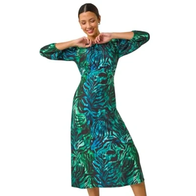 Image of Roman Originals Women Gathered Chest Dress Ladies Stretchy Fit &amp; Flare Swing Tea A Line Skater Knee Length Midi Smart Casual Work Round Neck Going Out Cocktail Party Green Noir Size 12