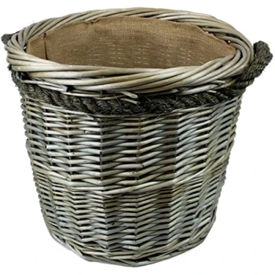 Image of Round Grey &amp; Antiqued Wicker log baskets. Hessian lined. wood kindling storage for home hearths and fireplace. Large burner bin (Rope Handle, 40cm)