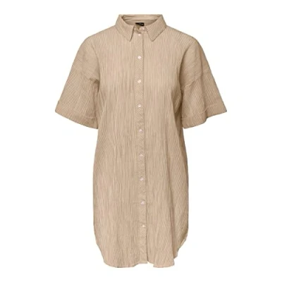 Image of PIECES Women&#039;s Pcterra Ss Long Shirt Bc Blouse, Irish Cream/Stripes: Cloud Dancer, XL