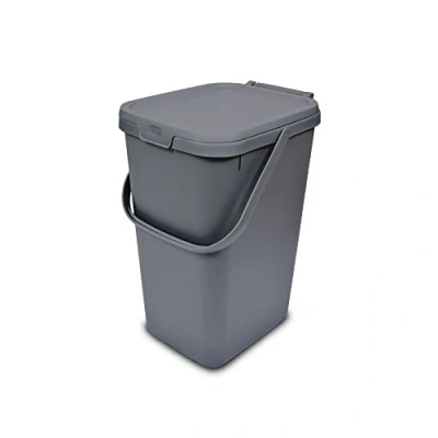 Image of Addis 519286 Kitchen Recycling &amp; General Storage bin 18 litres Stackable Food Waste Organiser Caddy with Clip lock lid carrying Handle, Metallic Silver