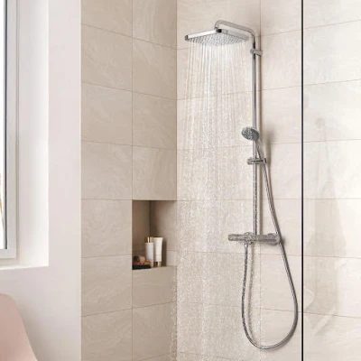 Image of GROHE Vitalio Start 250 Cube Shower System with Thermostatic Mixer and 25cm Rain Head (10cm 2 Spray Hand Shower, Swivel Arm, Smooth Clean Hose, Water Saving Technology), Chrome, 26696000