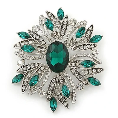 Image of Avalaya Stunning Bridal Emerald Green, Clear Austrian Crystal Corsage Brooch in Rhodium Plating 60mm Length