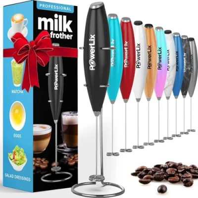 Image of PowerLix Milk Frother Handheld Whisk Electric Foamer with Stainless Steel Stand,15 20s, Powerful 19000rpm, Mini Drink Mixer Coffee for Latte, Cappuccino, Hot Chocolate