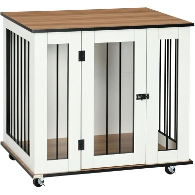 Image of PawHut Dog Crate Furniture, Cage End Table with Wheels, Lockable Door, for Medium Dogs, 80 x 60 76.5 cm White